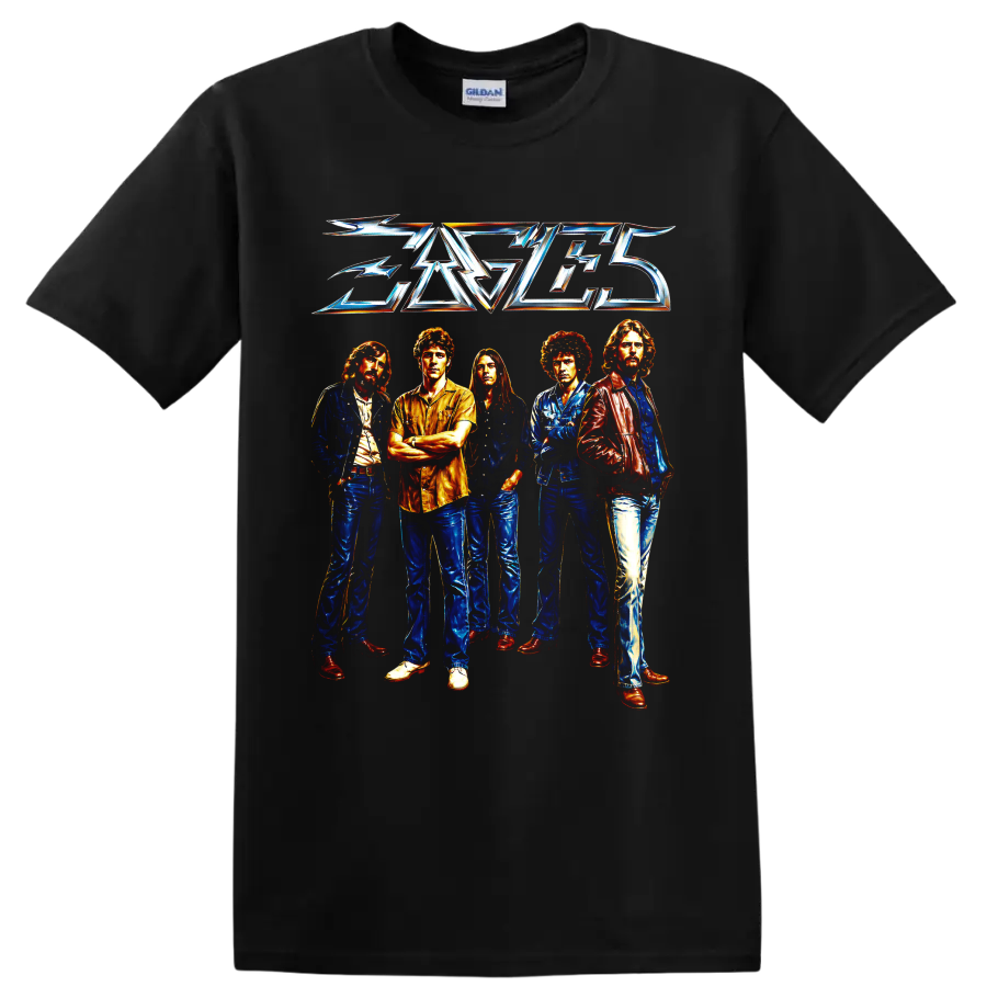 Eagles rock band five-member portrait with metallic logo graphic on a Black T Shirt
