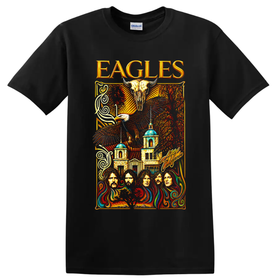 Eagles rock band vintage desert concert artwork with eagle skull on a Black T Shirt