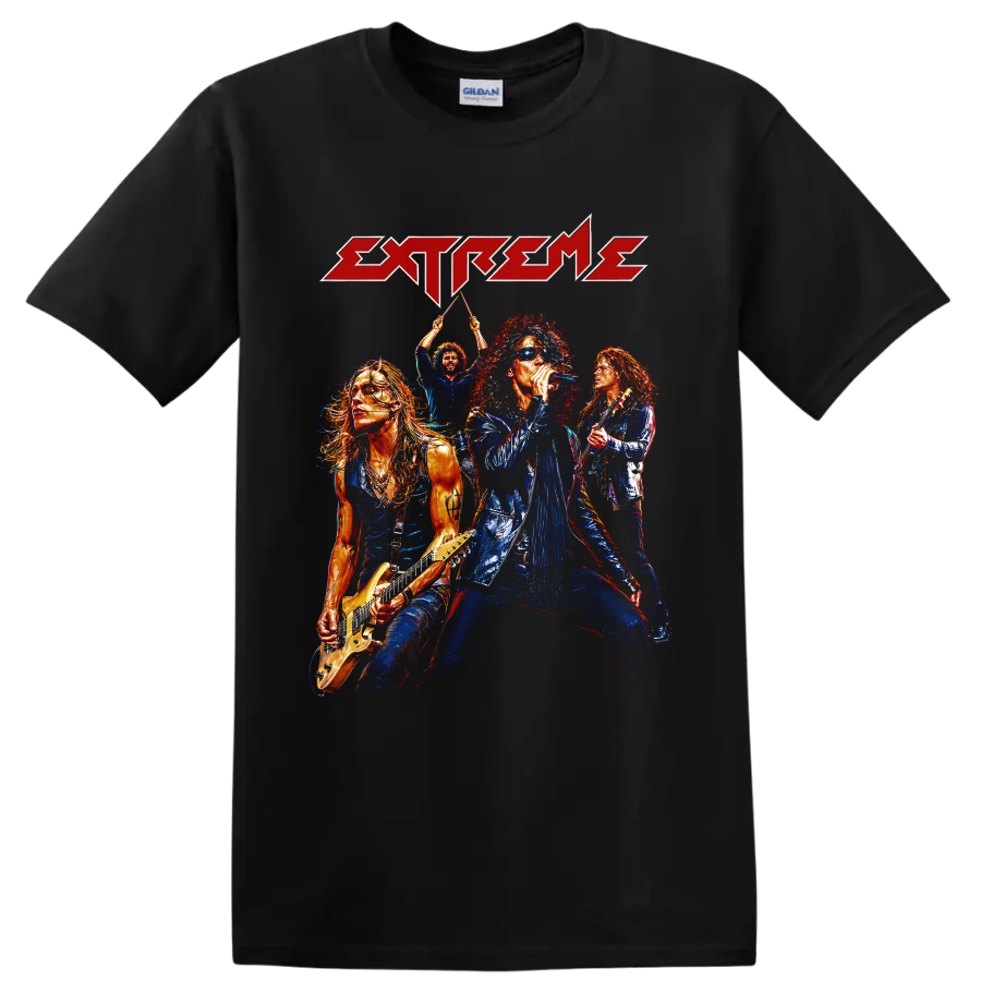 Extreme rock band concert graphic with singer, guitarists, drummer, and logo on a Black T Shirt