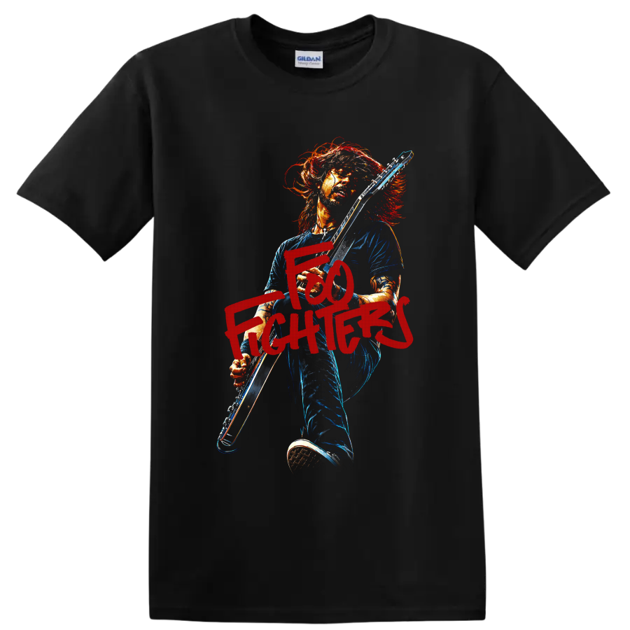 Foo Fighters guitarist rock artwork with bold red lettering on a Black T Shirt