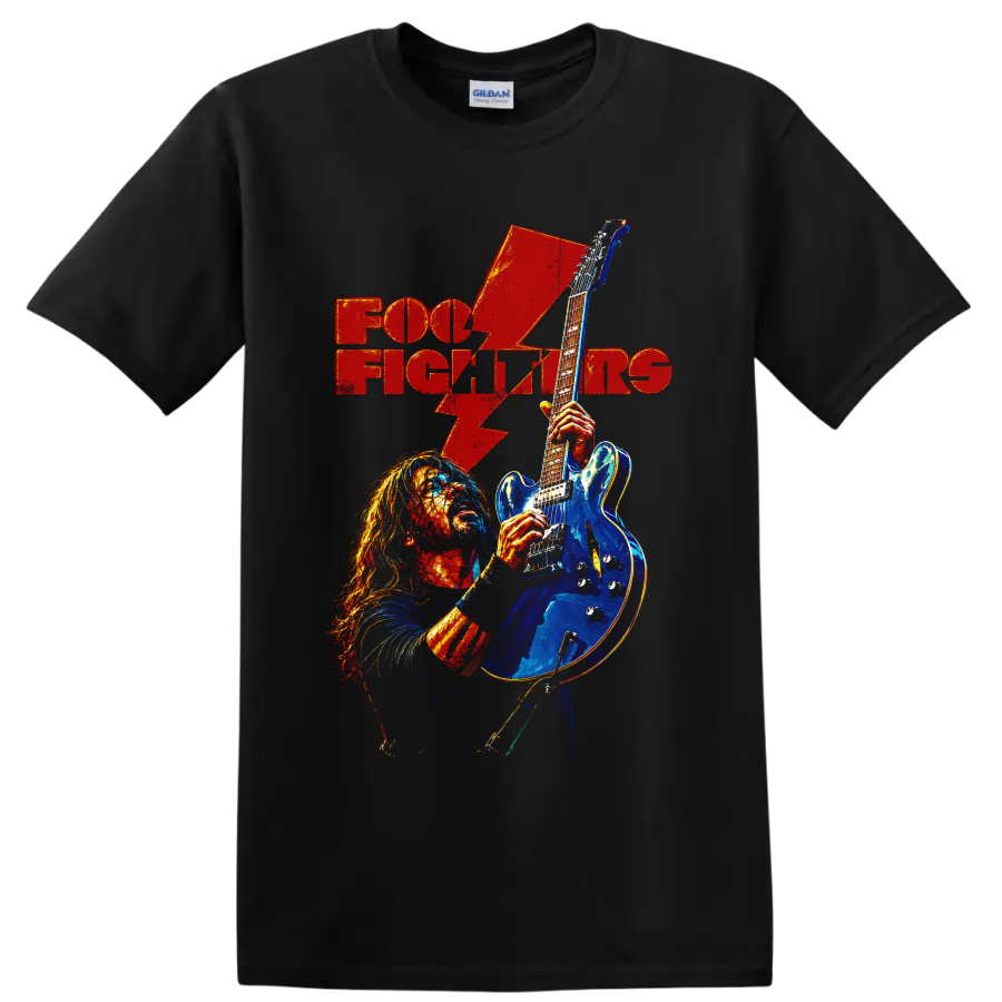 Foo Fighters guitarist with blue electric guitar, red lightning bolt, and band text on a Black T Shirt