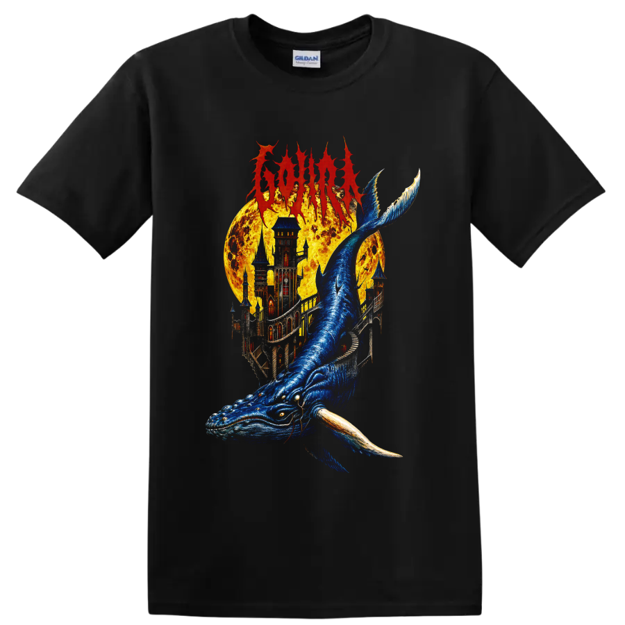 Gojira metal graphic with blue whale, fiery castle, and fantasy artwork on a Black T Shirt