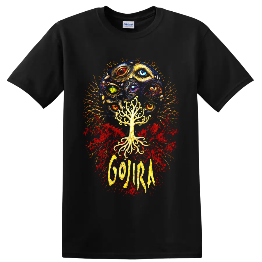 Gojira psychedelic cosmic eyes and glowing tree graphic print on a Black T Shirt
