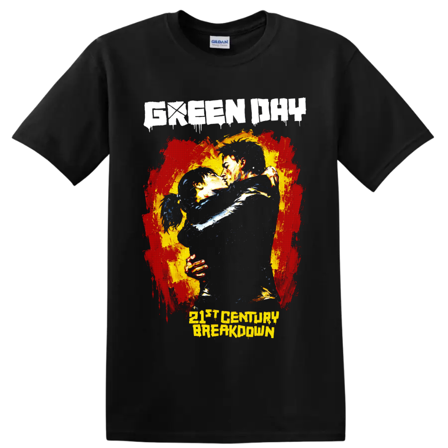 Green Day 21st Century Breakdown distressed punk rock embracing couple graphic on a Black T Shirt