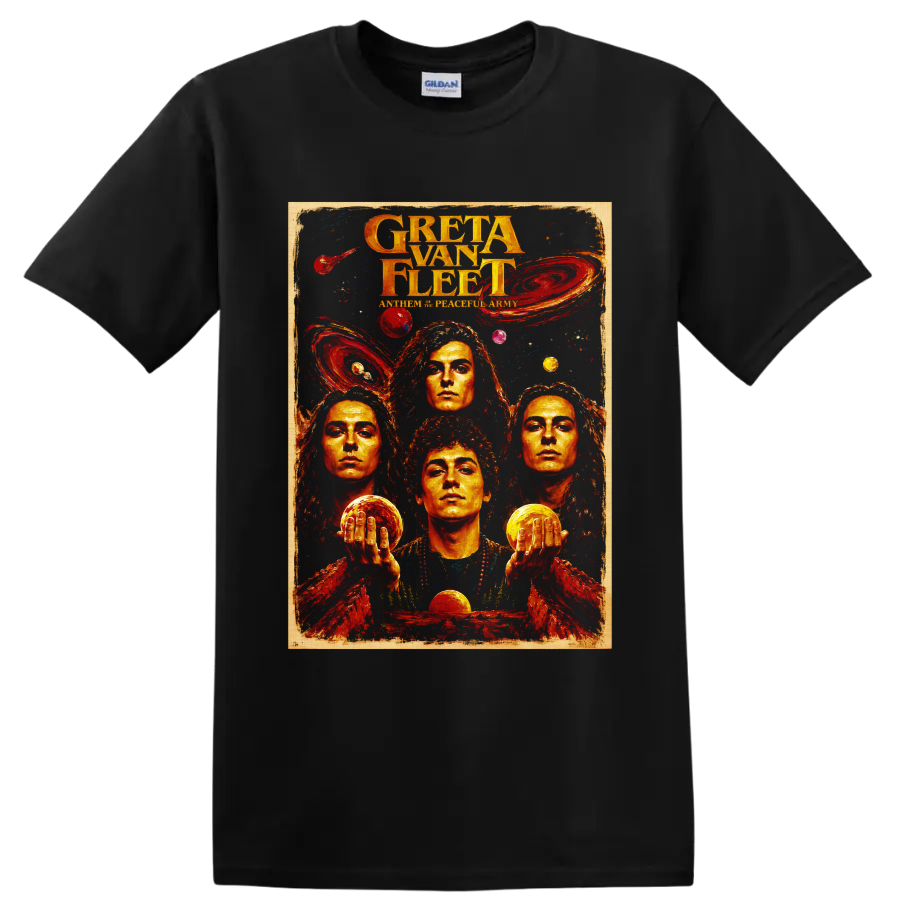 Greta Van Fleet psychedelic cosmic rock poster with four portraits on a Black T Shirt
