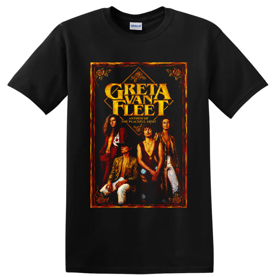 Greta Van Fleet vintage rock band portrait graphic with gold lettering on a Black T Shirt