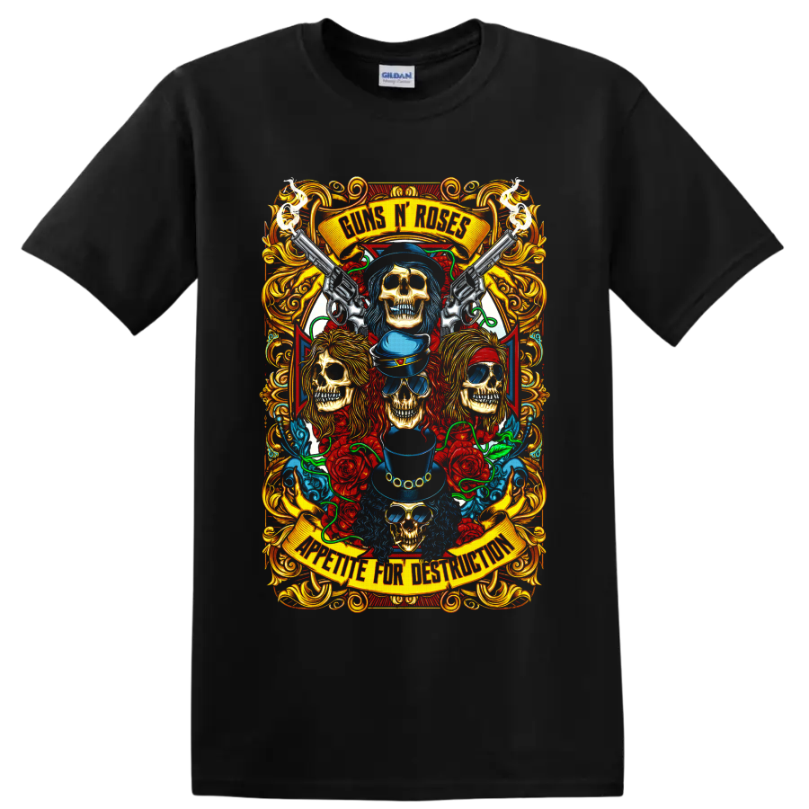 Guns N' Roses skull, revolvers, roses, and ornate gothic rock graphic on a Black T Shirt