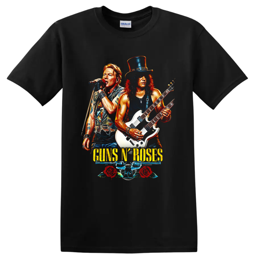 Guns N' Roses rock band graphic with singer, guitarist, roses, and pistols on a Black T Shirt
