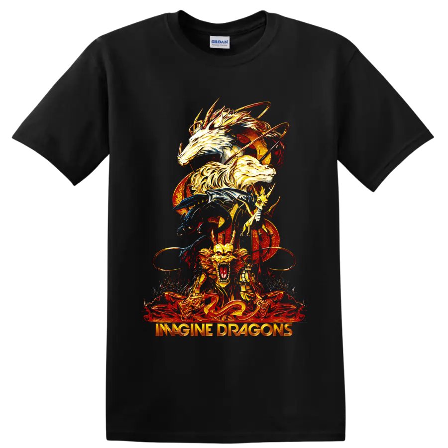 Imagine Dragons fantasy dragon artwork with fiery stacked dragons on a Black T Shirt