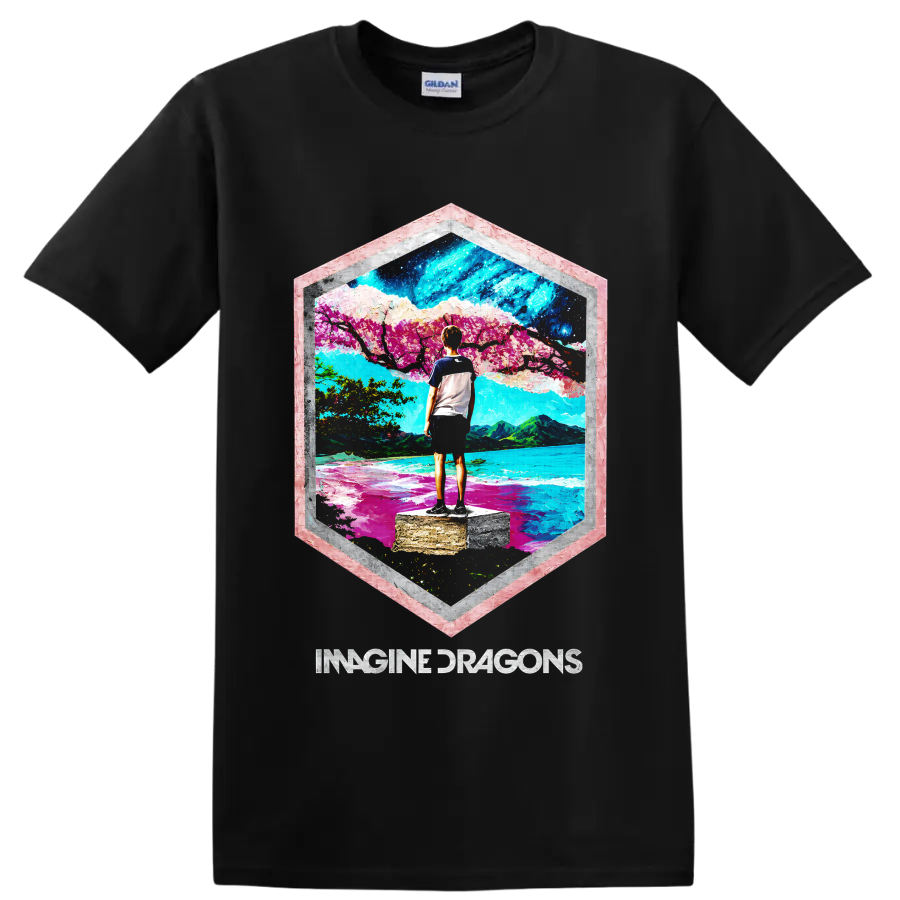 Imagine Dragons colorful mountain lake landscape graphic with band text on a Black T Shirt