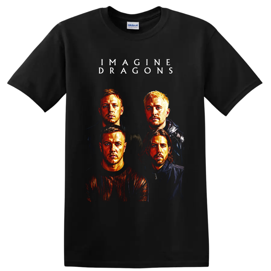 Imagine Dragons four-portrait rock band graphic with white lettering on a Black T Shirt