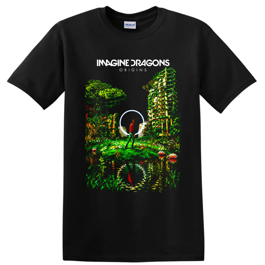 Imagine Dragons Origins surreal garden portal graphic with lone figure on a Black T Shirt