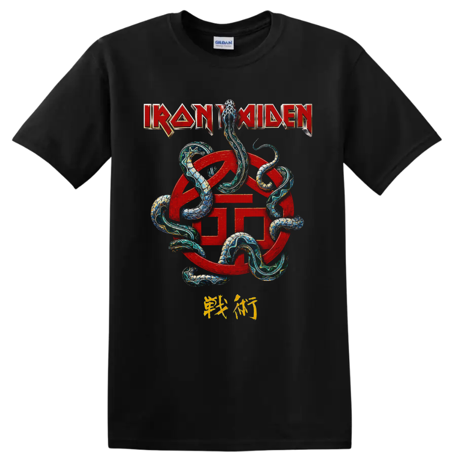 Iron Maiden logo with red emblem and intertwined serpent graphic on a Black T Shirt