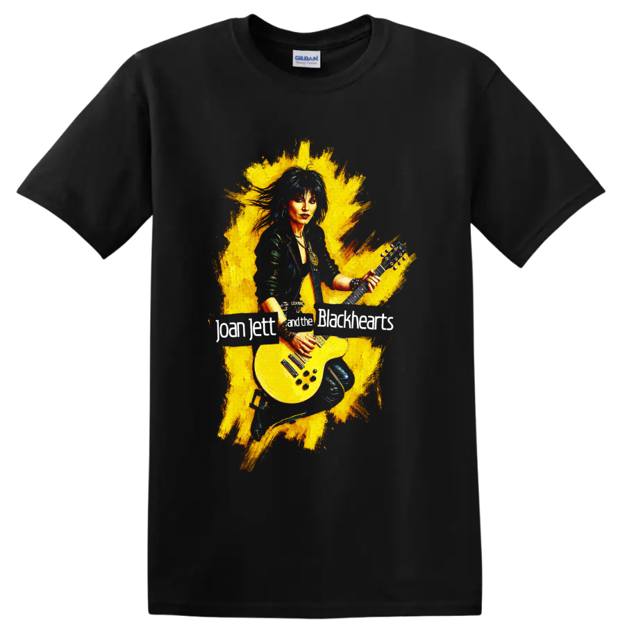 Joan Jett rock guitarist with yellow electric guitar graphic on a Black T Shirt