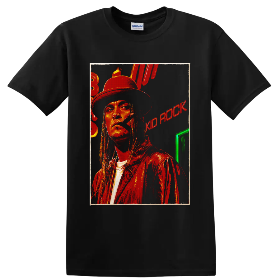 Kid Rock portrait in cowboy hat with distressed red rock graphic style on a Black T Shirt