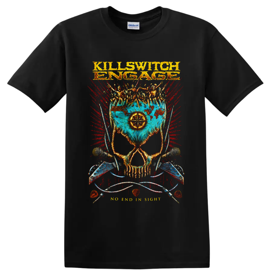 Killswitch Engage skull battle flag metalcore graphic with armored figures on a Black T Shirt
