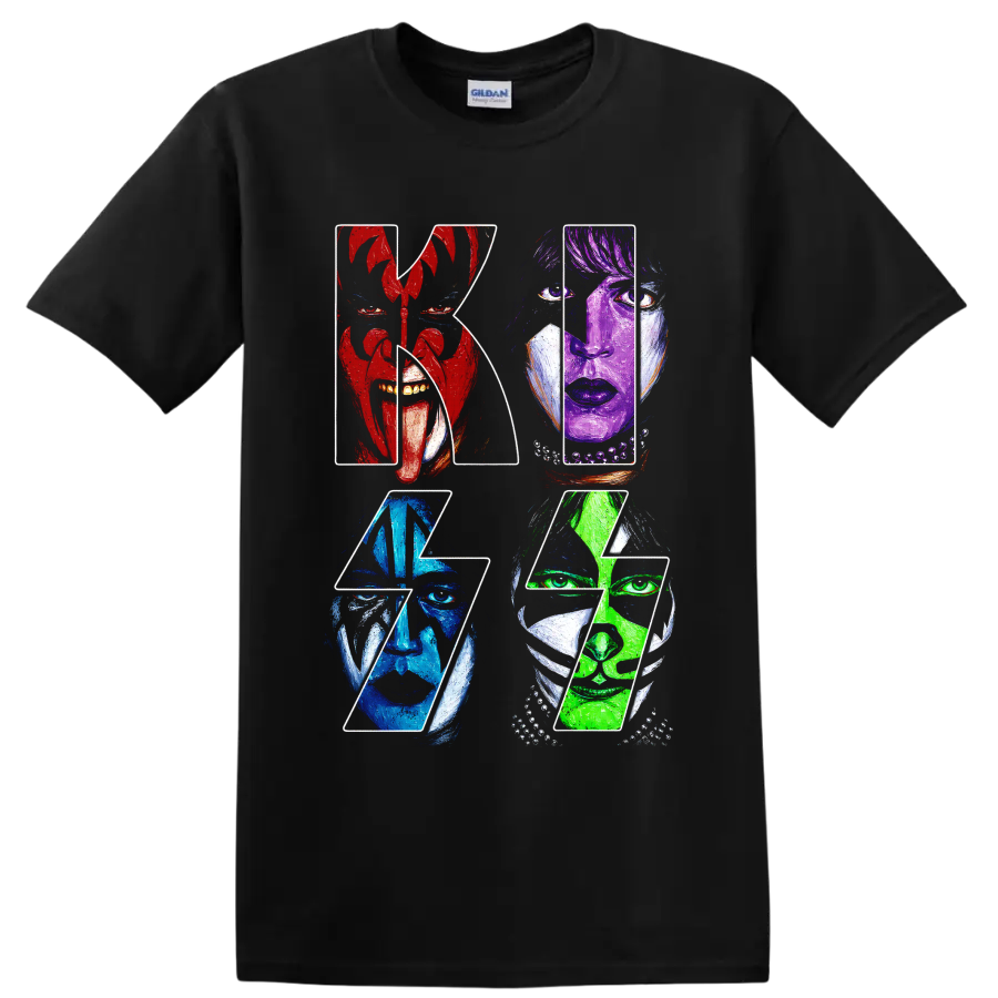KISS rock band graphic with four colorful face-painted portraits on a Black T Shirt