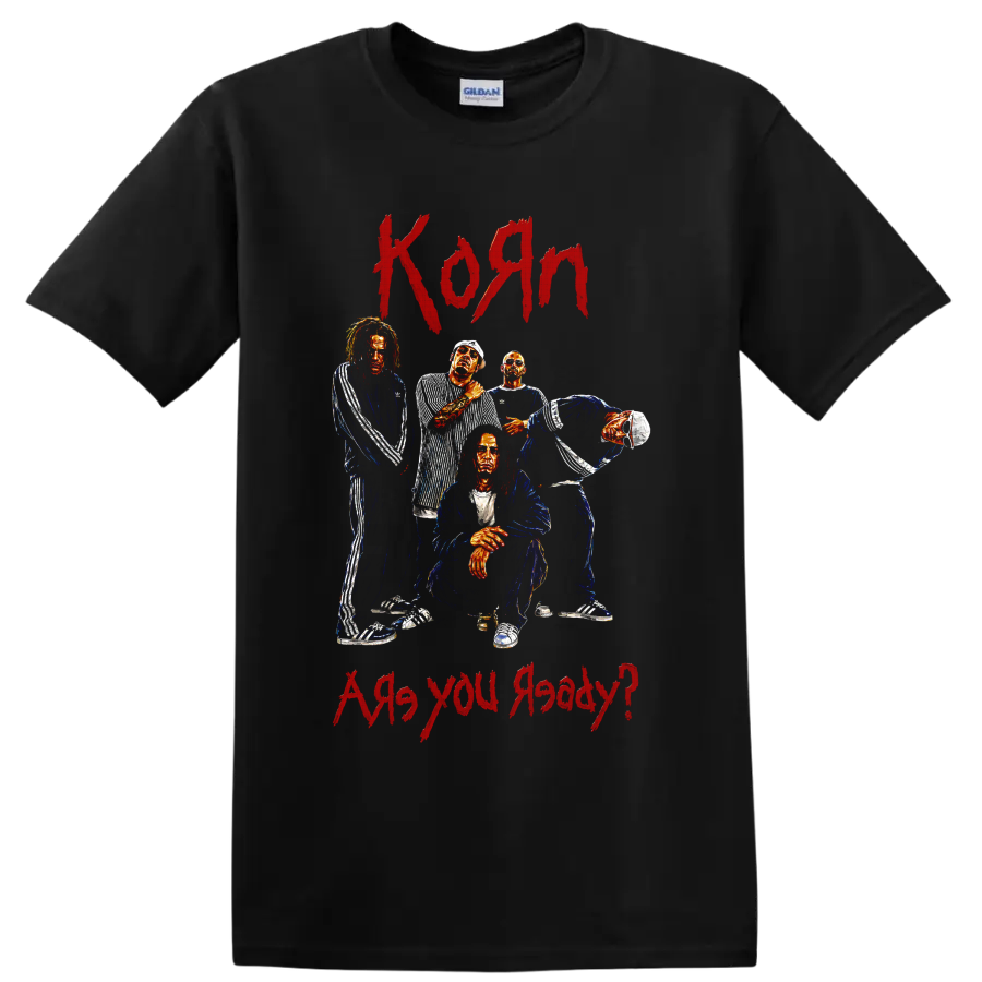 Korn group portrait graphic with red Korn and Are you ready lettering on a Black T Shirt