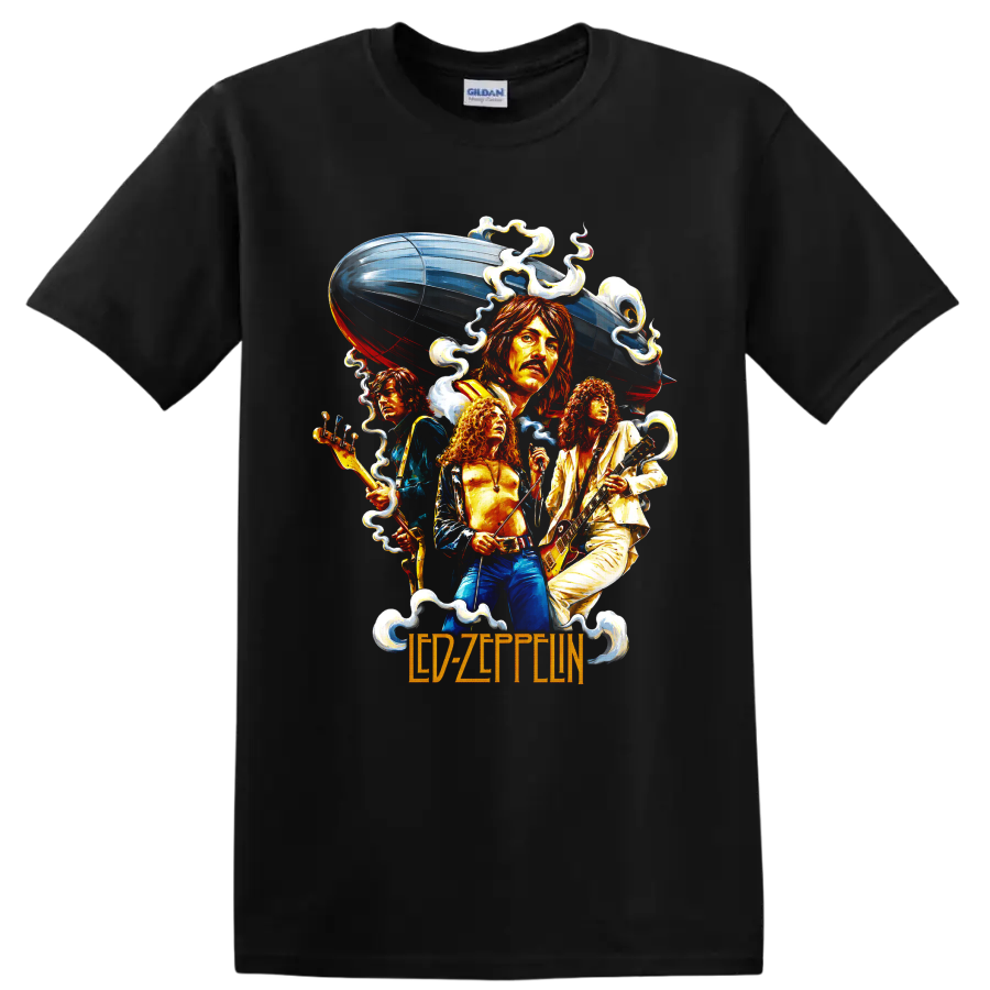Led Zeppelin musicians with guitars, airship, and vintage rock graphic on a Black T Shirt