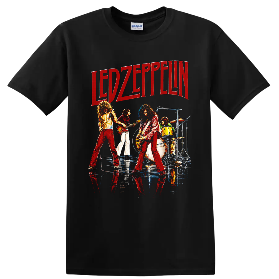 Led Zeppelin live concert graphic with red lettering and four musicians on a Black T Shirt