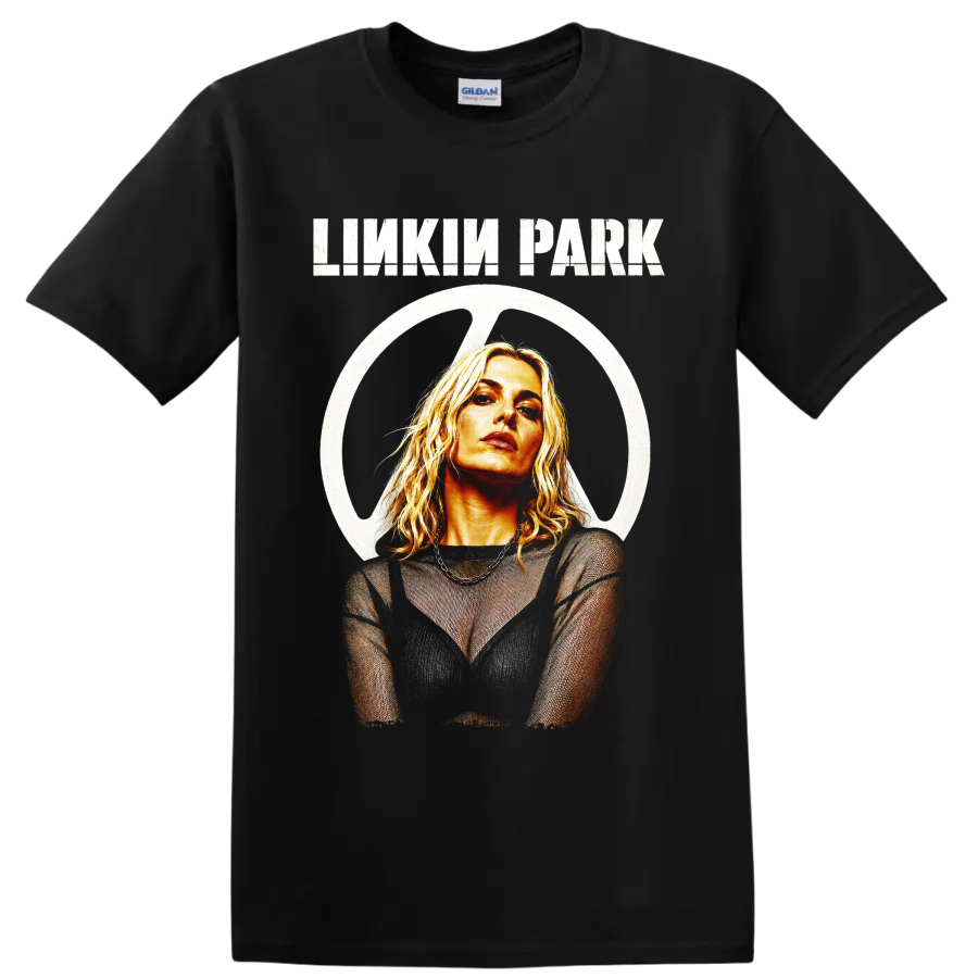 Linkin Park portrait graphic with distressed lettering and circular emblem on a Black T Shirt