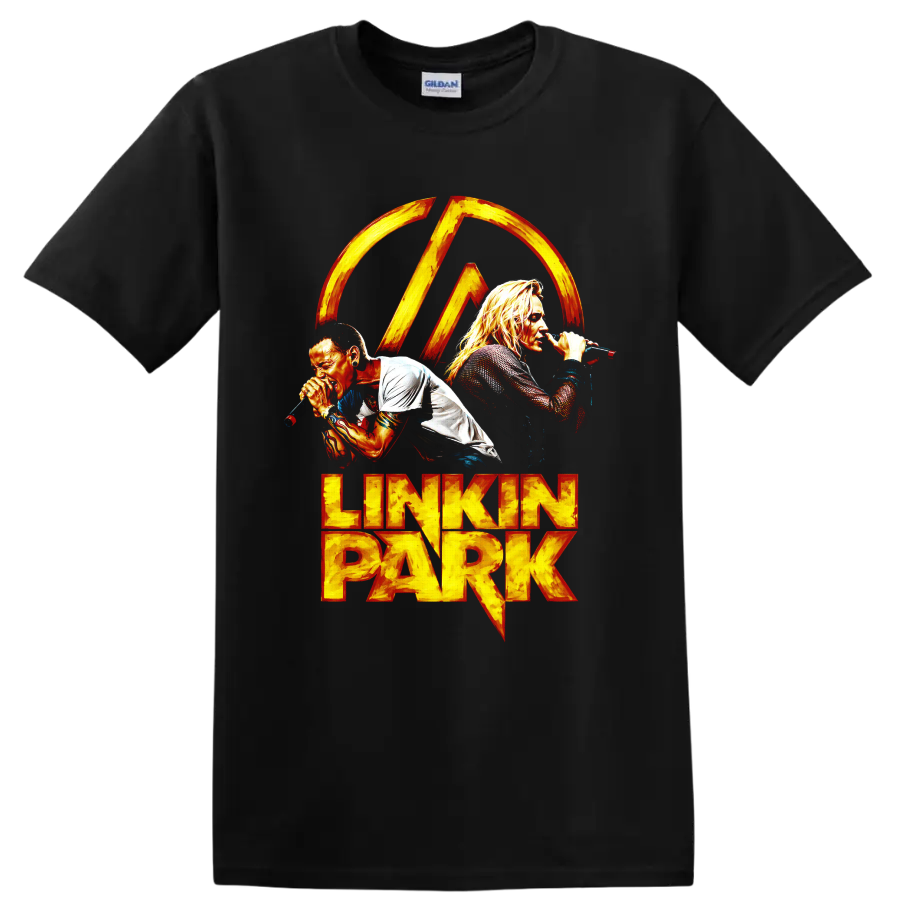 Linkin Park vocalist graphic print with fiery logo and lettering on a Black T Shirt