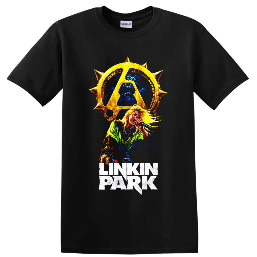Linkin Park vocalist with golden spiked sun emblem graphic on a Black T Shirt