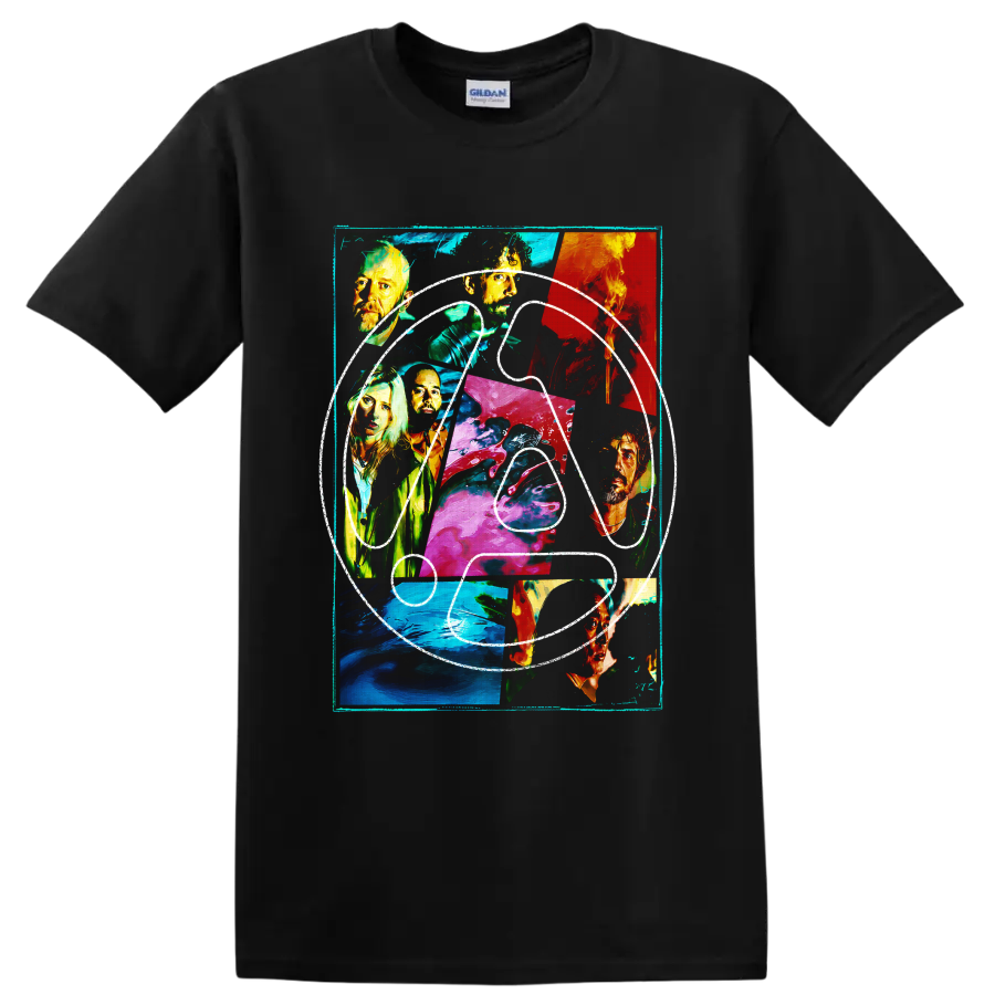 Linkin Park abstract portrait collage with colorful painted panels on a Black T Shirt