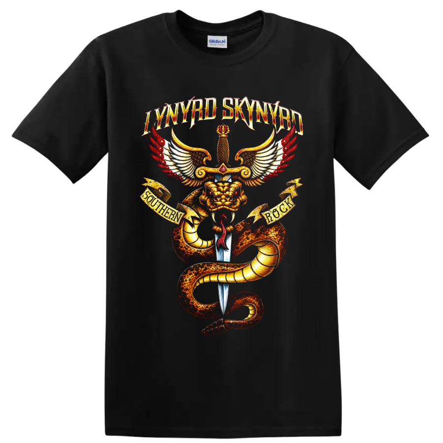 Lynyrd Skynyrd dragon, sword, and wings southern rock graphic on a Black T Shirt