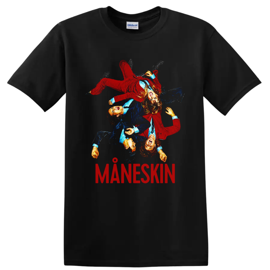 Måneskin rock band graphic with four performers and MANESKIN text on a Black T Shirt