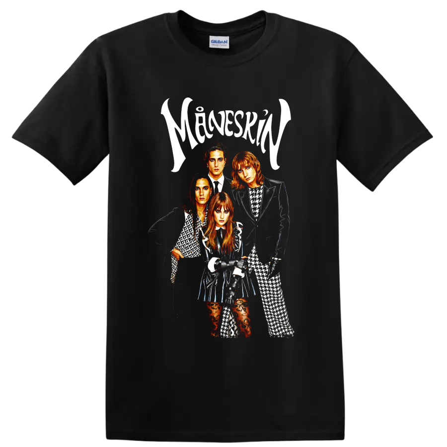 Måneskin glam rock band portrait with white logo lettering on a Black T Shirt