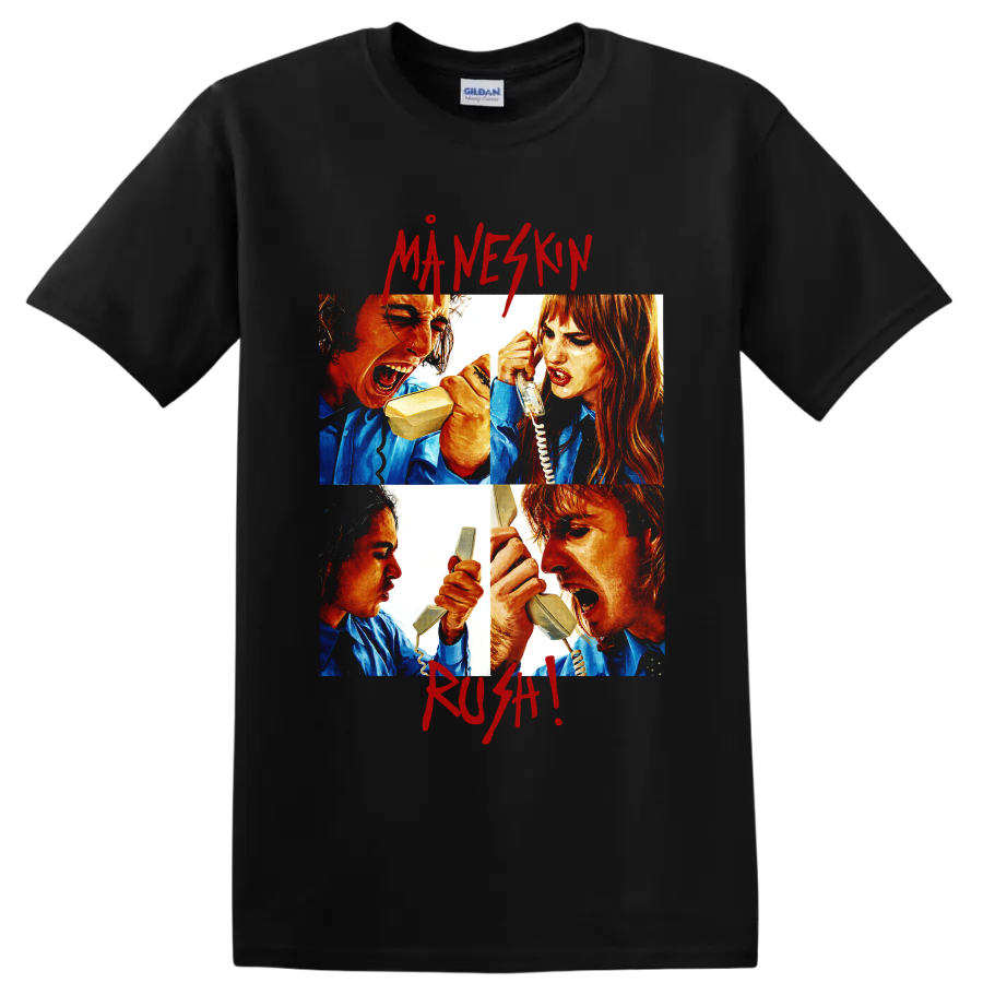 Måneskin telephone fight graphic with bold red lettering on a Black T Shirt