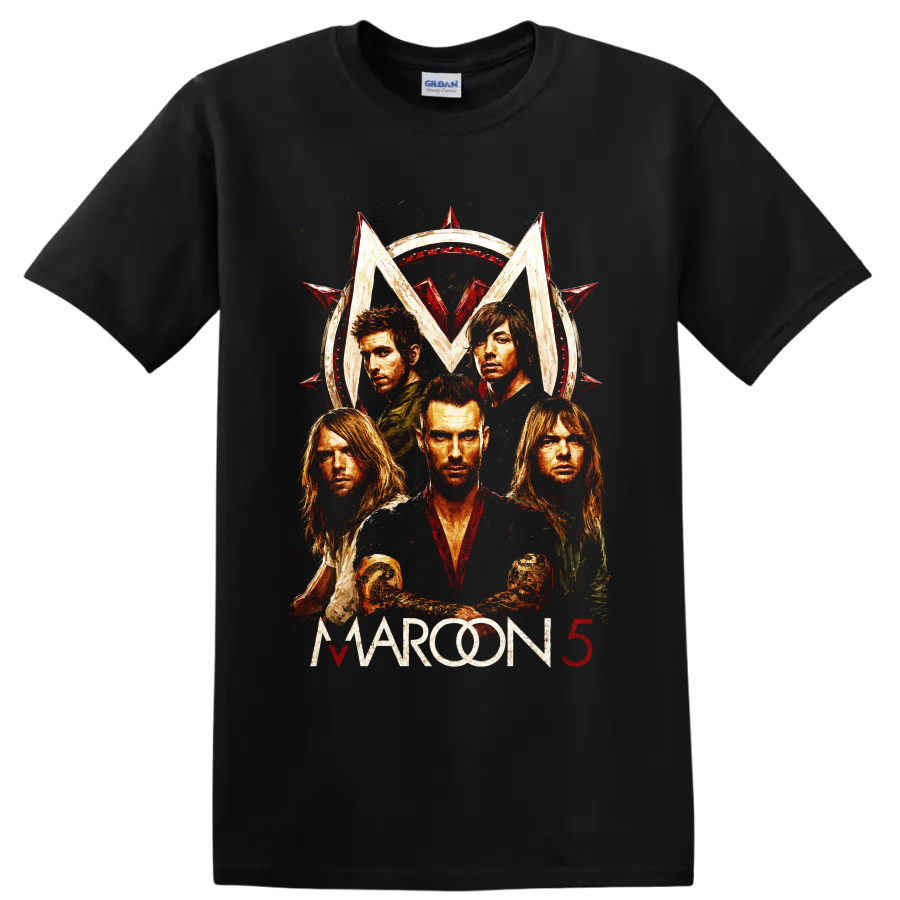 Maroon 5 distressed rock band portrait with red star emblem on a Black T Shirt