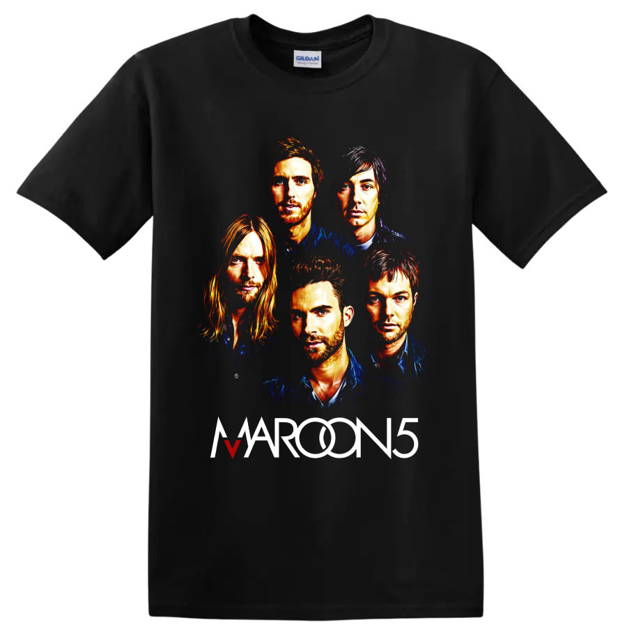 Maroon 5 five-member portrait graphic with bold band lettering on a Black T Shirt