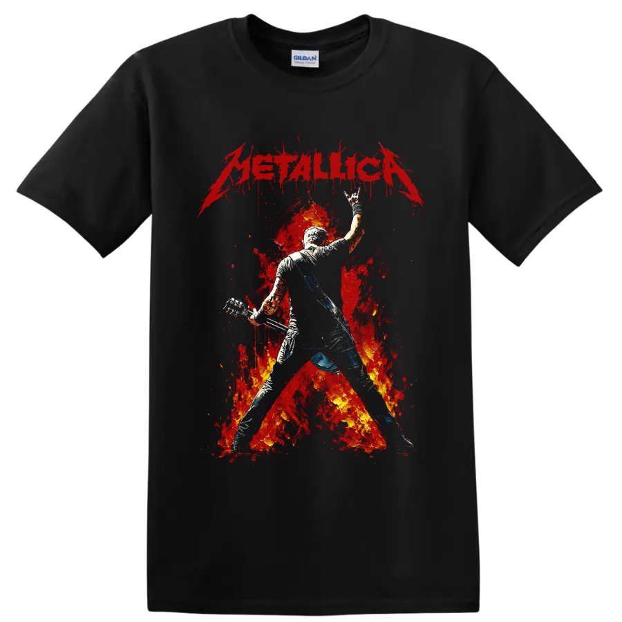 Metallica guitarist graphic with fiery red splatter and distressed logo on a Black T Shirt
