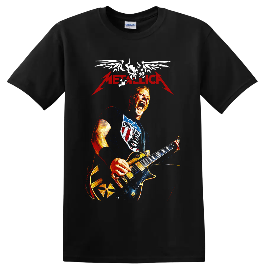 Metallica guitarist with winged skull and lightning graphic on a Black T Shirt