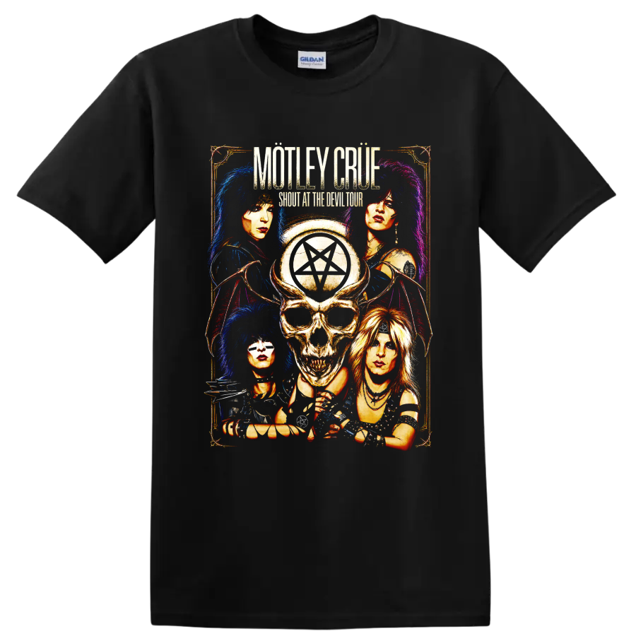 Mötley Crüe skull pentagram glam metal poster graphic on a Black T Shirt