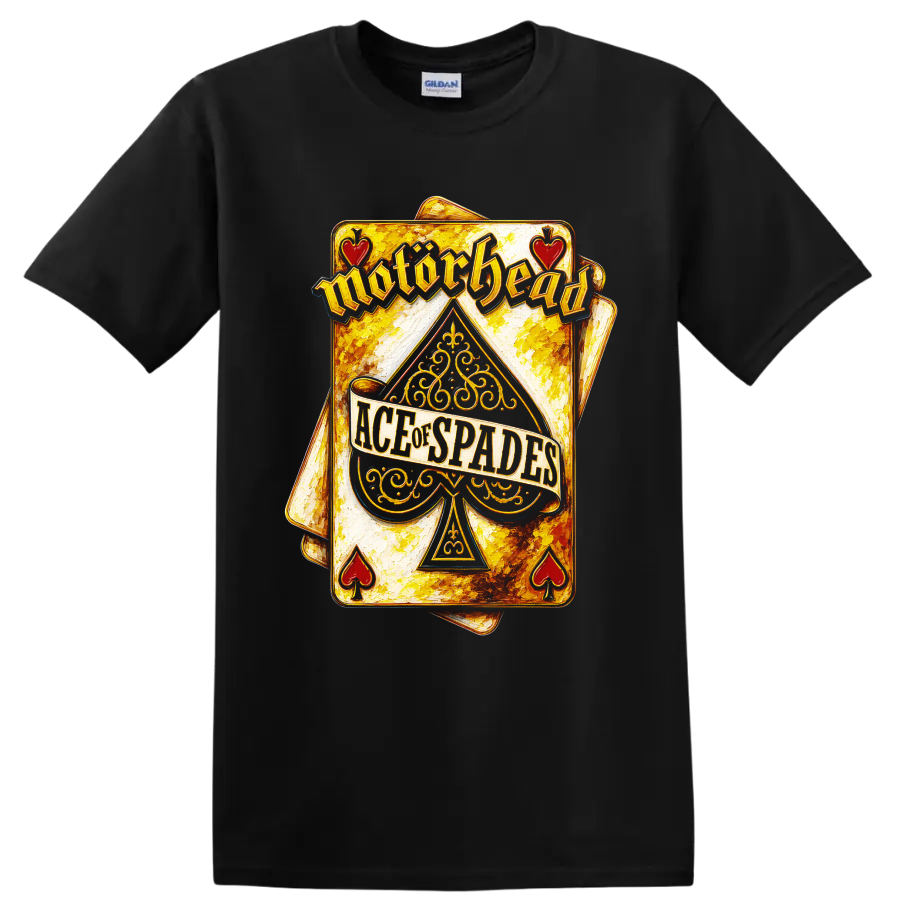 Motorhead Ace of Spades ornate vintage playing card graphic on a Black T Shirt