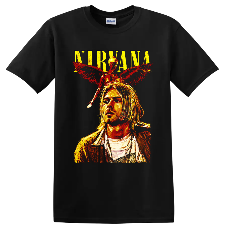 Nirvana Kurt Cobain portrait with angel wings in distressed grunge art on a Black T Shirt