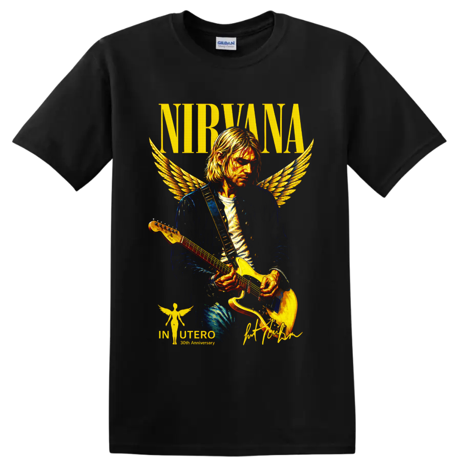Nirvana Kurt Cobain angel-winged guitarist graphic with NIRVANA text on a Black T Shirt