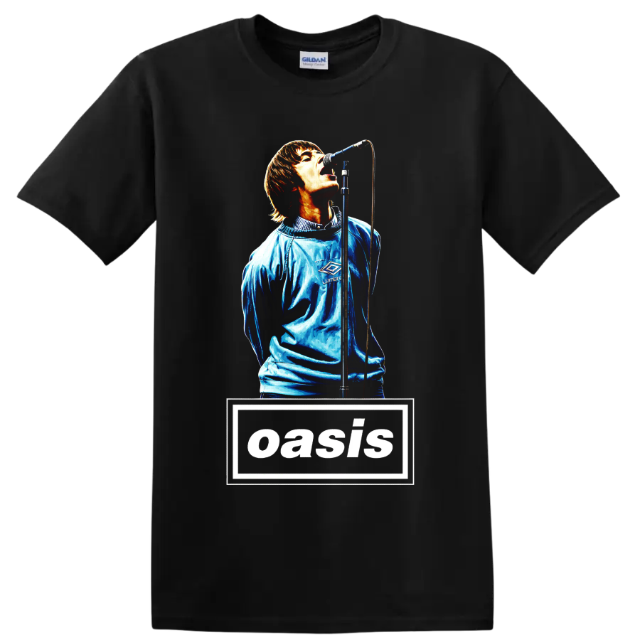 Oasis rock band graphic with singer at microphone and bold wordmark on a Black T Shirt