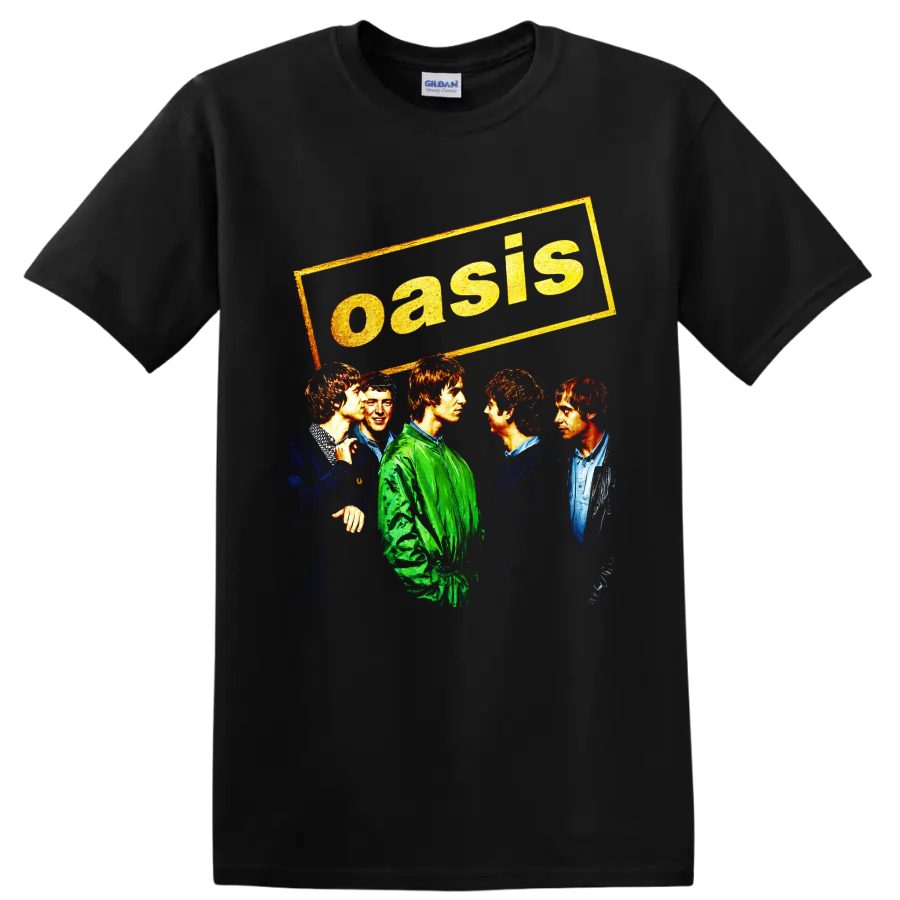 Oasis rock band vintage five-member portrait graphic with distressed lettering on a Black T Shirt
