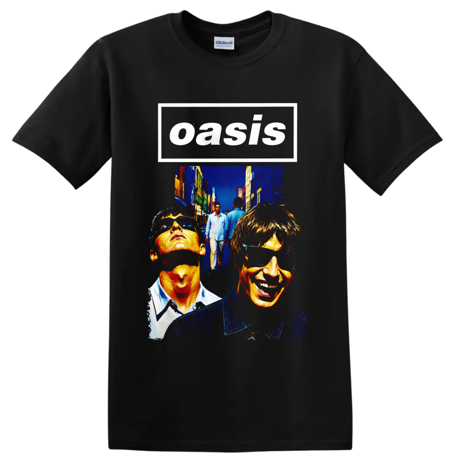 Oasis Britpop band portrait collage with bold street art style on a Black T Shirt