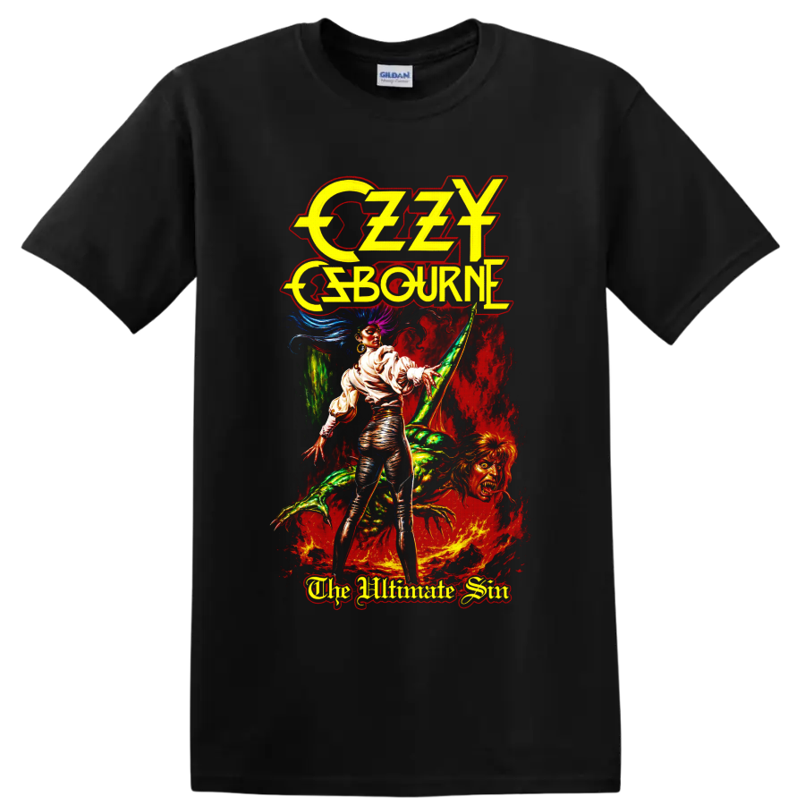 Ozzy Osbourne The Ultimate Sin fantasy horror rock graphic on a Black T Shirt