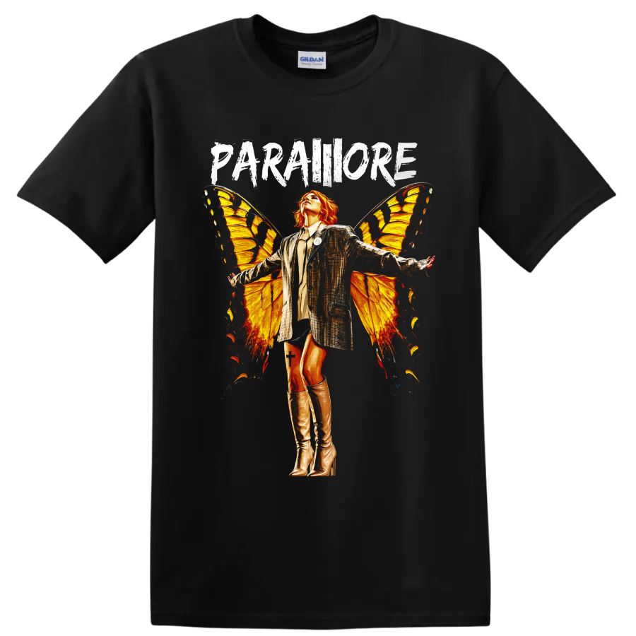 Paramore butterfly wings graphic with distressed PARAMORE lettering on a Black T Shirt