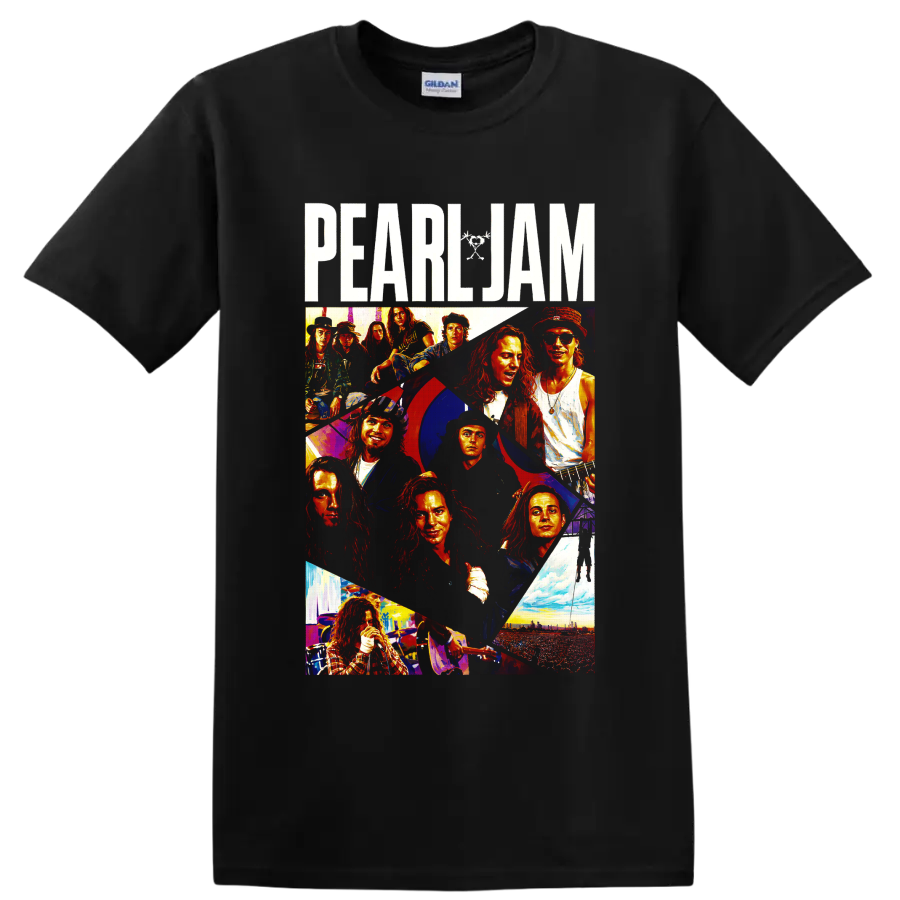 Pearl Jam rock band collage with performer portraits and concert scenes on a Black T Shirt