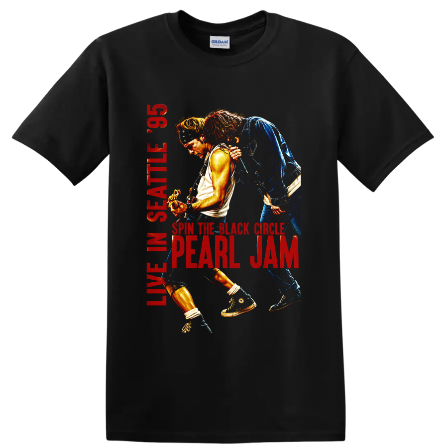 Pearl Jam live Seattle 93 guitarist concert graphic with red lettering on a Black T Shirt
