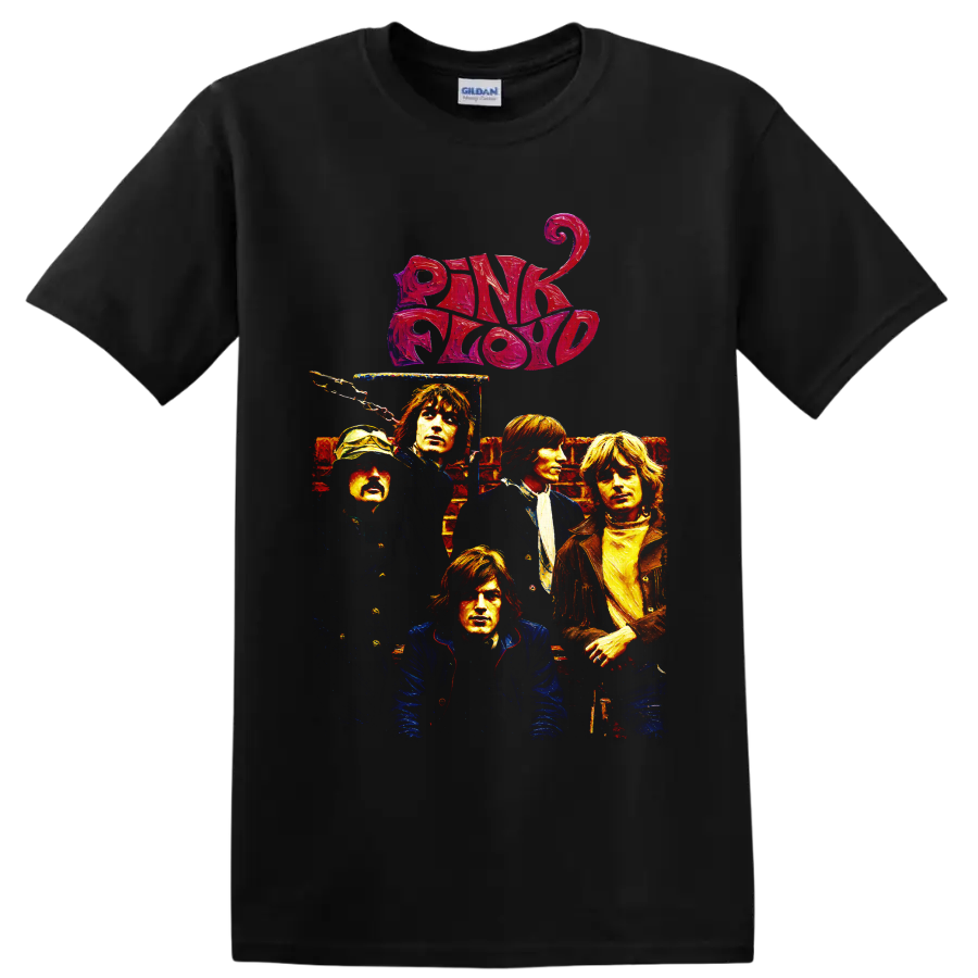 Pink Floyd portrait collage with bold retro logo and rock-poster styling on a Black T Shirt