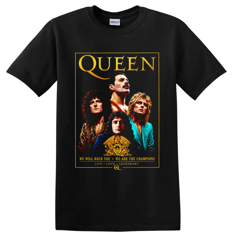 Queen rock band portrait graphic with gold crest and vintage poster border on a Black T Shirt