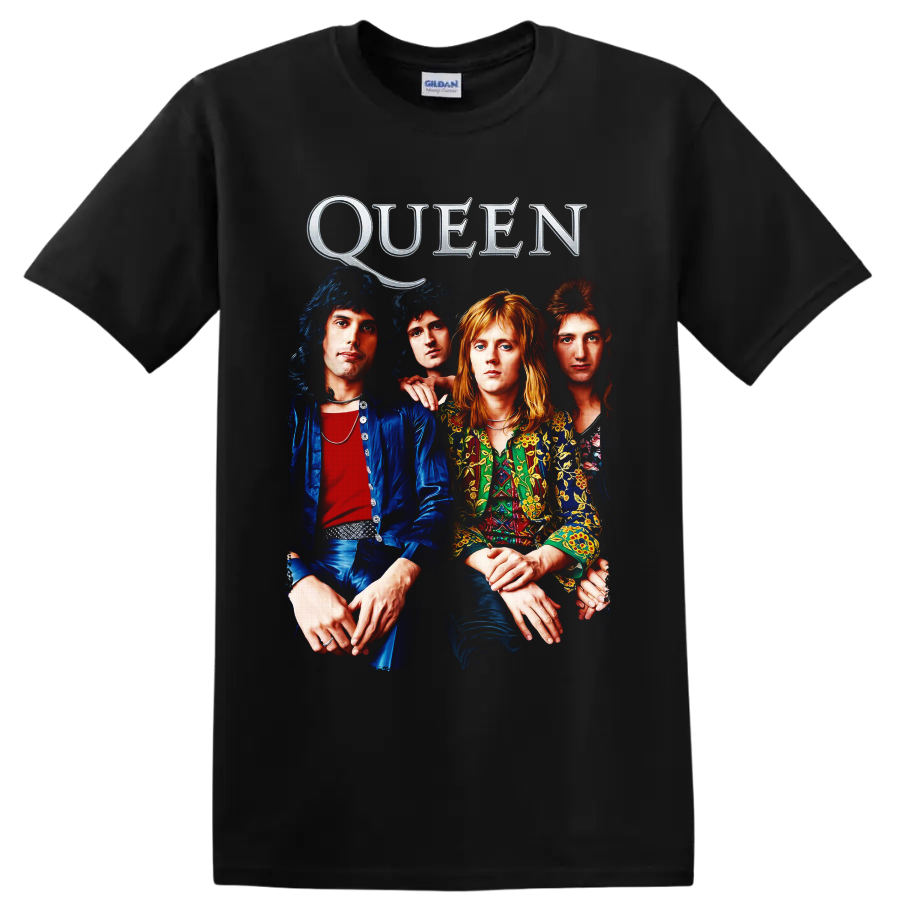 Queen classic rock band portrait with metallic QUEEN lettering on a Black T Shirt